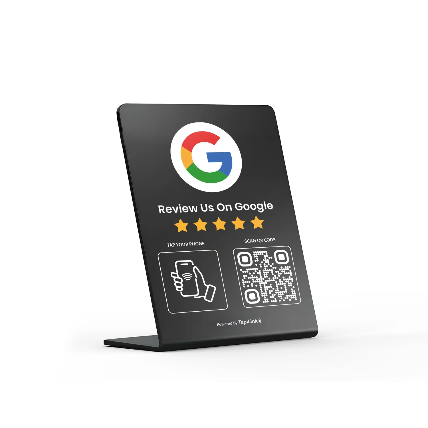 Black NFC Google review card with tap and QR code options